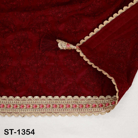 Deep Red Embroidery Dupatta with Gold Sequins, Bridal Wedding Stole, 2.5 Yards