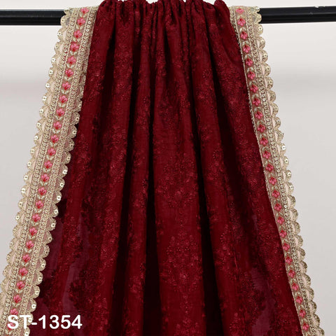 Deep Red Embroidery Dupatta with Gold Sequins, Bridal Wedding Stole, 2.5 Yards