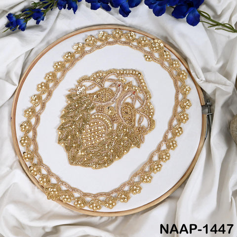 Hand Embroidered Zardozi Neck Patch for Blouse | Gold Peacock Motif Neckline Applique with Pearl & Bead Chains | Ethnic Craft Supply