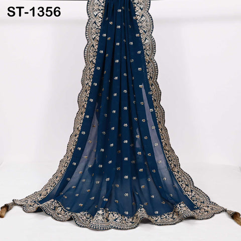 Navy Blue Georgette Dupatta with Hand-Beaded Embroidery and Tassels – Bridal Veil Scarf