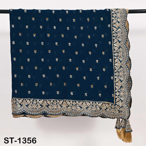 Navy Blue Georgette Dupatta with Hand-Beaded Embroidery and Tassels – Bridal Veil Scarf