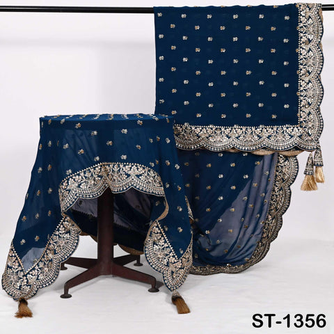 Navy Blue Georgette Dupatta with Hand-Beaded Embroidery and Tassels – Bridal Veil Scarf