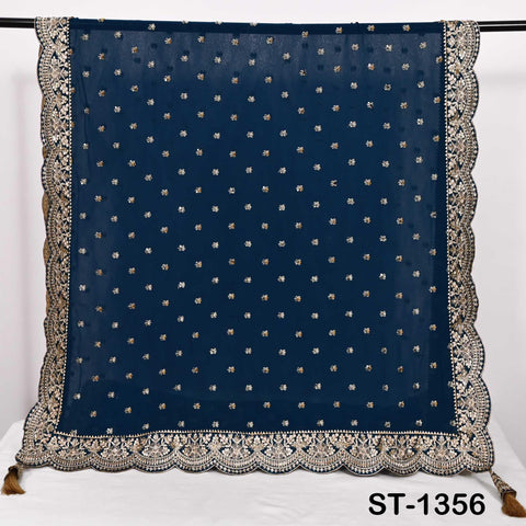 Navy Blue Georgette Dupatta with Hand-Beaded Embroidery and Tassels – Bridal Veil Scarf