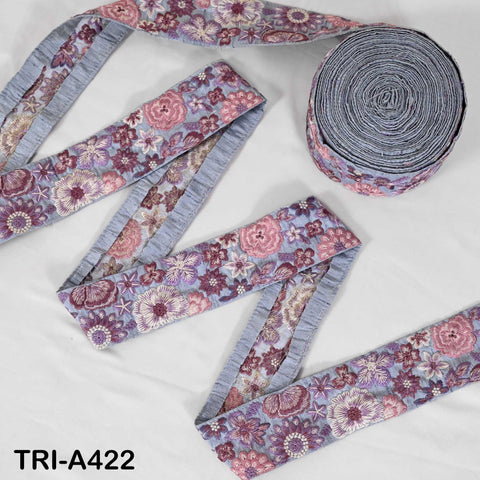 1 Meter Embroidered Sari Border Trim: Mauve Floral Ribbon for Crafts, Sewing, Home Decor