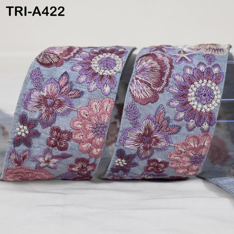 1 Meter Embroidered Sari Border Trim: Mauve Floral Ribbon for Crafts, Sewing, Home Decor