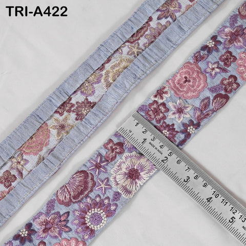 1 Meter Embroidered Sari Border Trim: Mauve Floral Ribbon for Crafts, Sewing, Home Decor