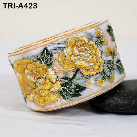 1 Meter Yellow Roses Embroidery Ribbon: Floral Sari Border Trim (55mm Wide)
