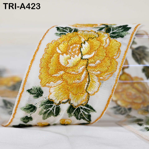 1 Meter Yellow Roses Embroidery Ribbon: Floral Sari Border Trim (55mm Wide)