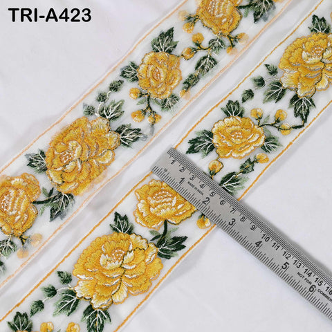 1 Meter Yellow Roses Embroidery Ribbon: Floral Sari Border Trim (55mm Wide)