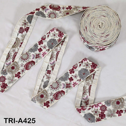 1 Meter Embroidered Sari Border Trim: Mauve Floral Ribbon for Crafts, Sewing, Home Decor