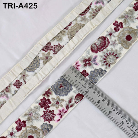1 Meter Embroidered Sari Border Trim: Mauve Floral Ribbon for Crafts, Sewing, Home Decor