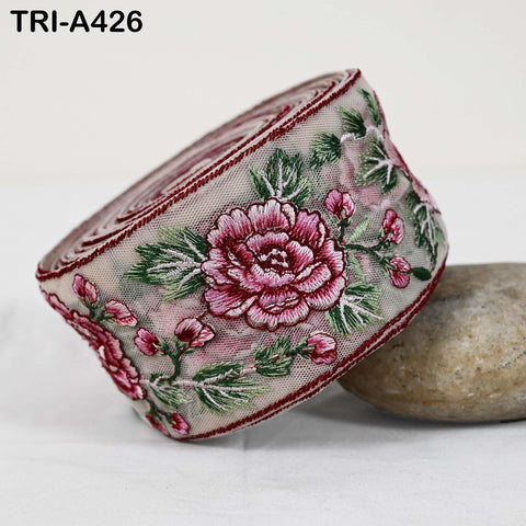 1 Meter Maroon Roses Embroidery Ribbon: Floral Sari Border Trim (55mm Wide)
