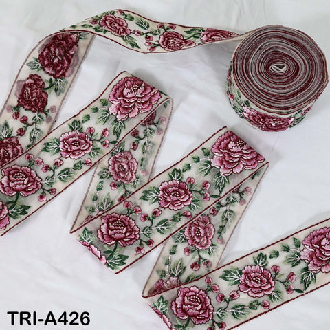 1 Meter Maroon Roses Embroidery Ribbon: Floral Sari Border Trim (55mm Wide)