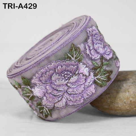 1 Meter Lavender Roses Embroidery Ribbon: Floral Sari Border Trim (55mm Wide)
