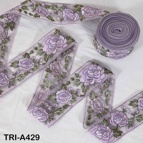 1 Meter Lavender Roses Embroidery Ribbon: Floral Sari Border Trim (55mm Wide)