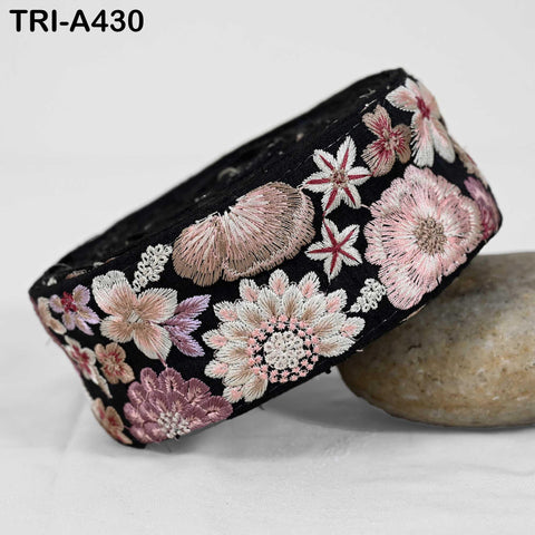 1 Meter Embroidered Sari Border Trim: Pink Floral Ribbon for Crafts, Sewing, Home Decor