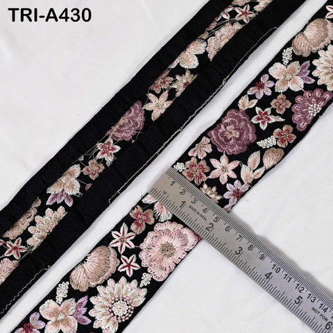 1 Meter Embroidered Sari Border Trim: Pink Floral Ribbon for Crafts, Sewing, Home Decor