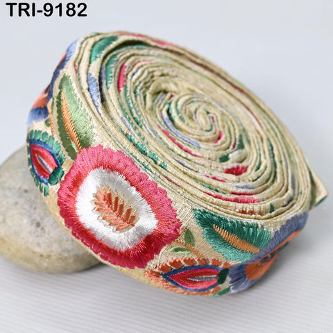 a close-up view of a colorful, intricately embroidered fabric, possibly a piece of clothing or a decorative item.