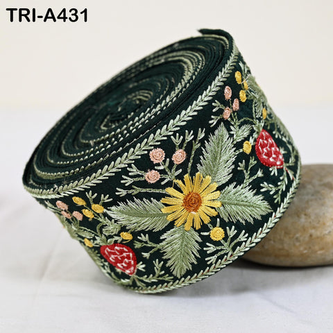 1 Meter Floral Embroidery Ribbon, Green 65mm Trim for DIY Crafts, Costumes, Decor