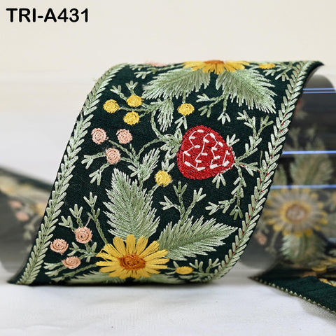 1 Meter Floral Embroidery Ribbon, Green 65mm Trim for DIY Crafts, Costumes, Decor