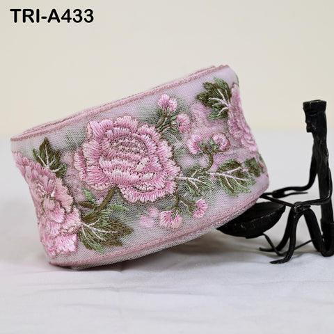 Pink Roses Embroidery Ribbon: Floral Sari Border Trim (55mm Wide) 1 Meter
