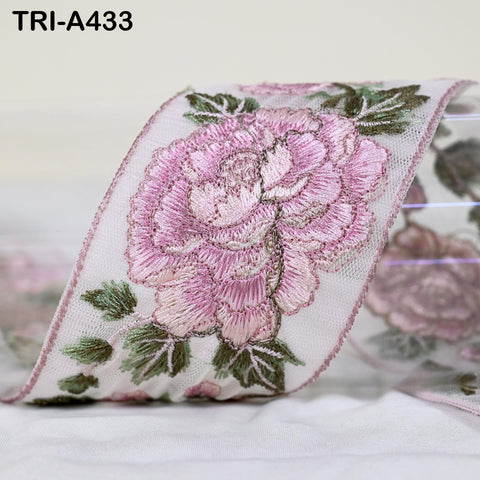Pink Roses Embroidery Ribbon: Floral Sari Border Trim (55mm Wide) 1 Meter