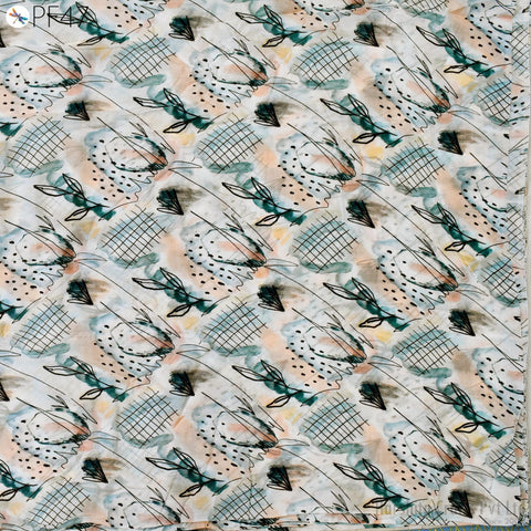 a repeating pattern of abstract floral and geometric designs in various shades of green, white, and black.