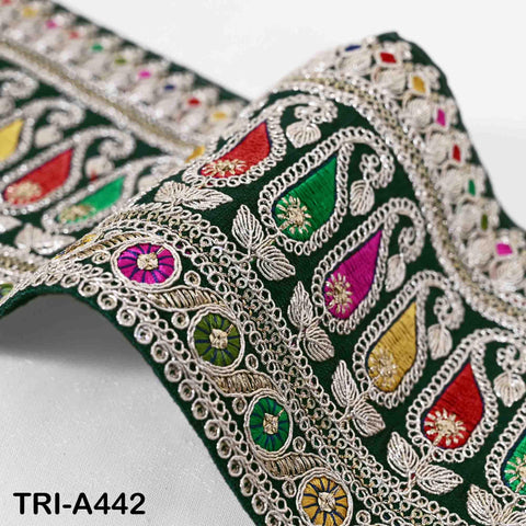 Embroidered Zari Sequin Sari Border Trim: Bottle Green Indian Craft Ribbon (1 Meter)