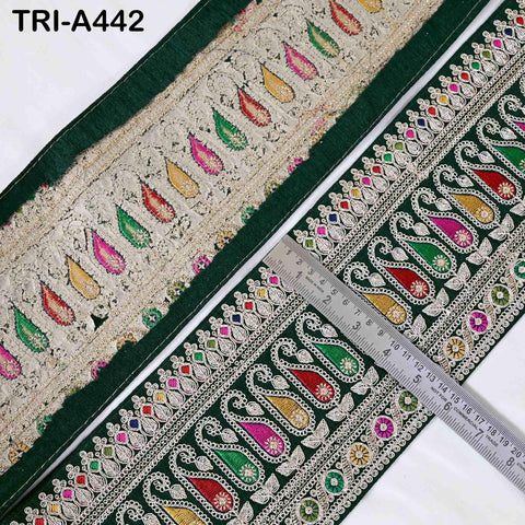 Embroidered Zari Sequin Sari Border Trim: Bottle Green Indian Craft Ribbon (1 Meter)