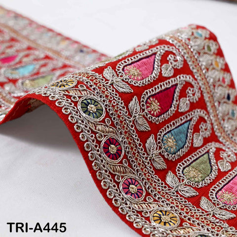 Embroidered Trim Zari Sequin Sari Border: Red Indian Craft Ribbon (1 Meter) 6 inches