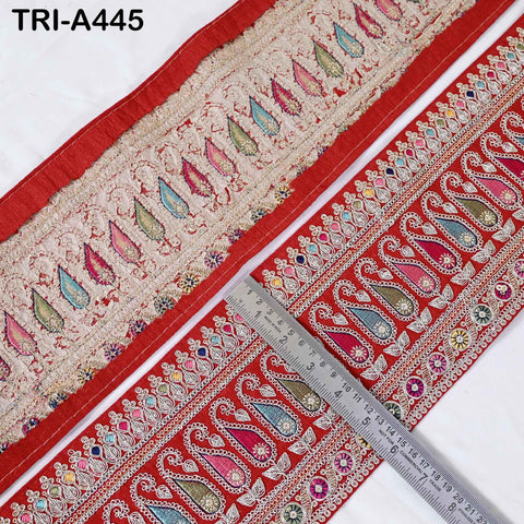 Embroidered Trim Zari Sequin Sari Border: Red Indian Craft Ribbon (1 Meter) 6 inches