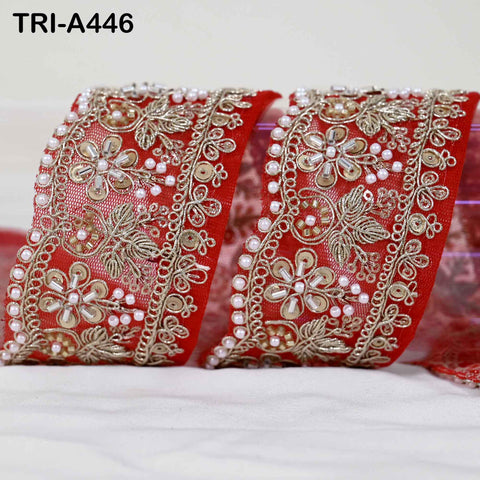 Red Indian Beaded Trim Ribbon – 1 Meter Gold Zari Embroidery Sari Border (5cm)
