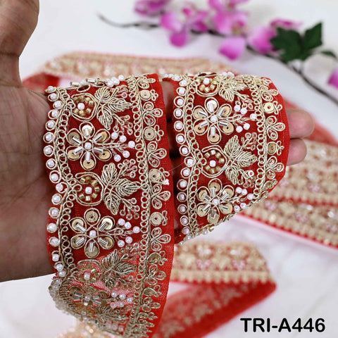 Red Indian Beaded Trim Ribbon – 1 Meter Gold Zari Embroidery Sari Border (5cm)