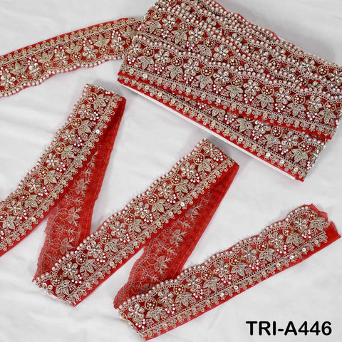 Red Indian Beaded Trim Ribbon – 1 Meter Gold Zari Embroidery Sari Border (5cm)