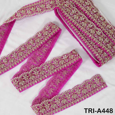 Fuchsia Indian Beaded Trim Ribbon – Gold Zari Embroidery Sari Border (5cm) 1 Meter Wedding Dupatta Dress Costumes