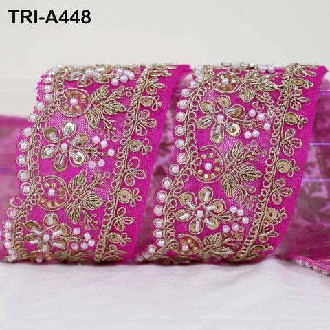 Fuchsia Indian Beaded Trim Ribbon – Gold Zari Embroidery Sari Border (5cm) 1 Meter Wedding Dupatta Dress Costumes