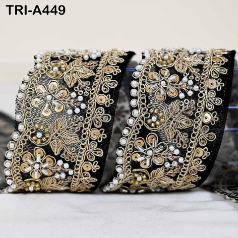 Black Indian Beaded Trim Ribbon – Gold Zari Embroidery Sari Border (5cm)