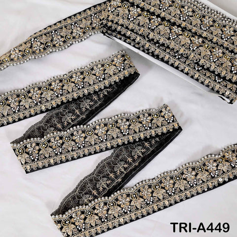 Black Indian Beaded Trim Ribbon – Gold Zari Embroidery Sari Border (5cm)