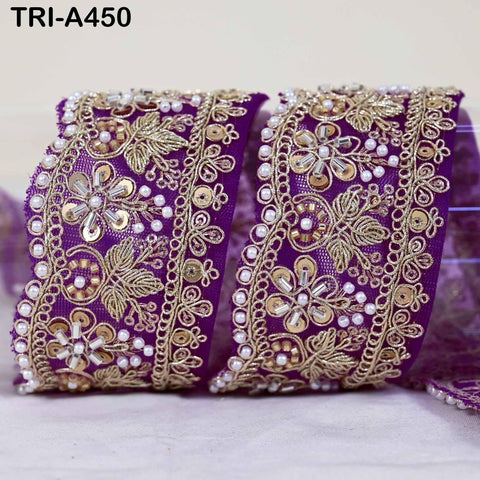Purple Indian Beaded Trim Ribbon – Gold Zari Embroidery Sari Border (5cm)