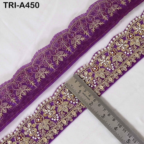 Purple Indian Beaded Trim Ribbon – Gold Zari Embroidery Sari Border (5cm)
