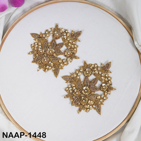 Gold Zardozi Neckline Patch Set with Sleeve Motifs, Hand Beaded Neck Yoke Applique with Pearl Fringe for Bridal Lehenga, Blouse & Kaftan