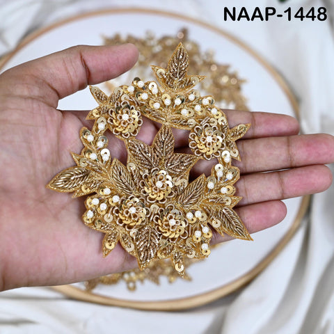 Gold Zardozi Neckline Patch Set with Sleeve Motifs, Hand Beaded Neck Yoke Applique with Pearl Fringe for Bridal Lehenga, Blouse & Kaftan