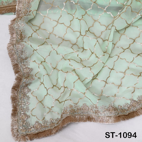 a close-up view of a light green fabric with a gold and white embroidered pattern. The fabric has a fringed edge and appears to be a piece of clothing or textile.