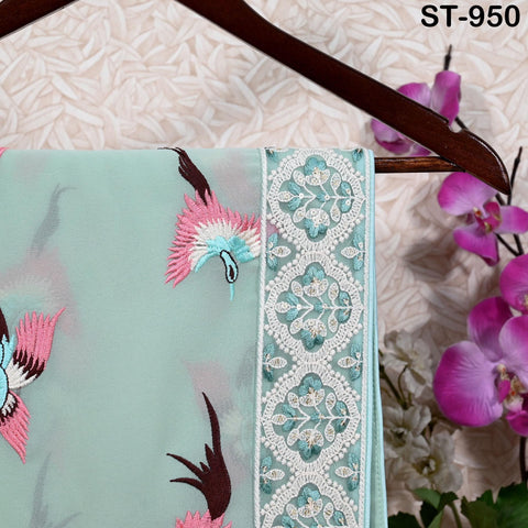 a light blue fabric with a floral pattern, hanging on a wooden hanger. The background includes a floral pattern and some purple orchids.