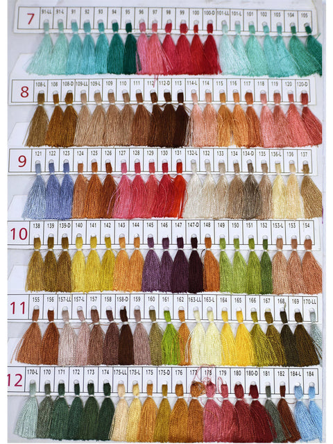a collection of various colored threads or yarns, each with a corresponding number and color label. The labels are arranged in rows and columns, providing a visual representation of the different color combinations and their corresponding numerical values.