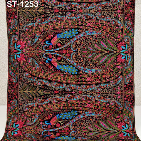 a vibrant and intricately designed textile with a paisley pattern in shades of red, blue, green, and pink. The design is detailed and detailed, showcasing the craftsmanship and artistry of the textile.