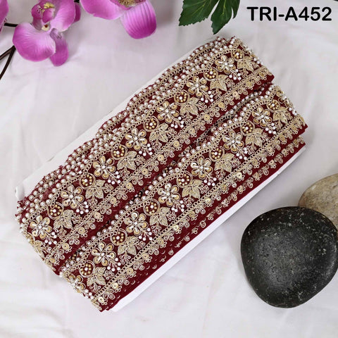 Maroon Indian Beaded Trim Ribbon – Gold Zari Embroidery Sari Border (5cm)