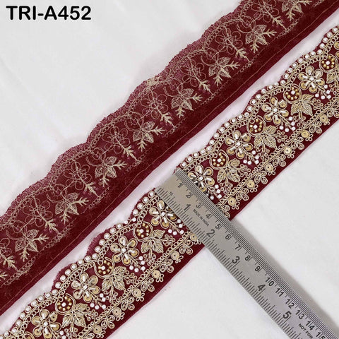 Maroon Indian Beaded Trim Ribbon – Gold Zari Embroidery Sari Border (5cm)