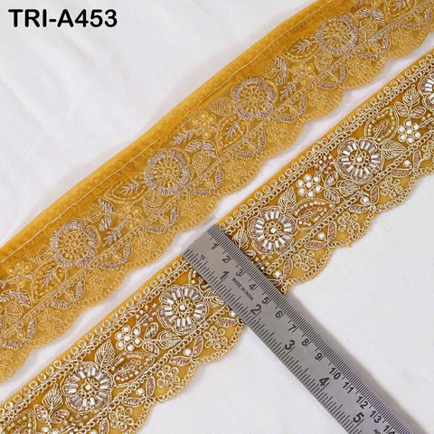 Yellow Indian Beaded Trim Ribbon – Gold Zari Embroidery Sari Border (5cm)