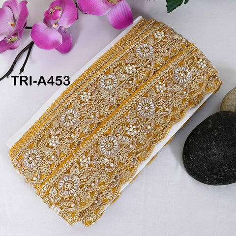 Yellow Indian Beaded Trim Ribbon – Gold Zari Embroidery Sari Border (5cm)
